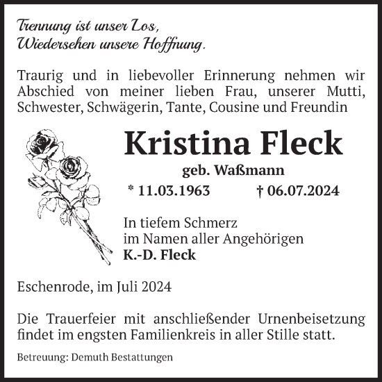 Traueranzeige von Kristina Fleck von Volksstimme Haldensleben/Wolmirstedt
