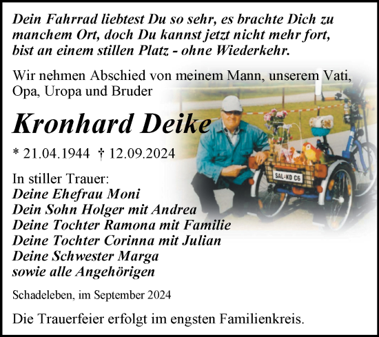 Traueranzeige von Kronhard Deike von Trauerkombi Aschersleben