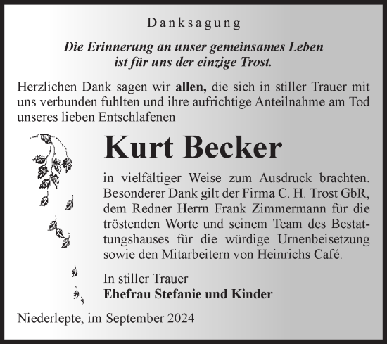 Traueranzeige von Kurt Becker von Volksstimme Zerbst