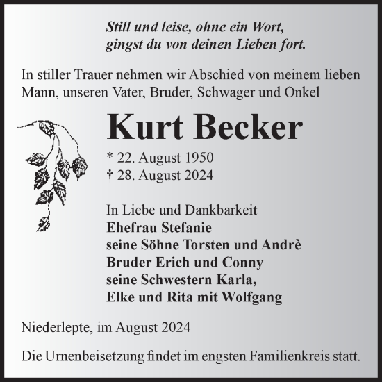 Traueranzeige von Kurt Becker von Volksstimme Zerbst