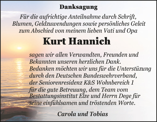 Traueranzeige von Kurt Hannich von Trauerkombi Dessau