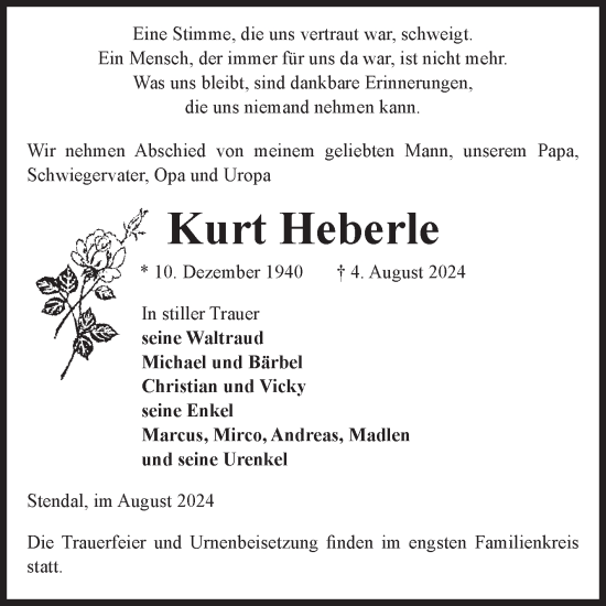 Traueranzeige von Kurt Heberle von Volksstimme Altmark Ost