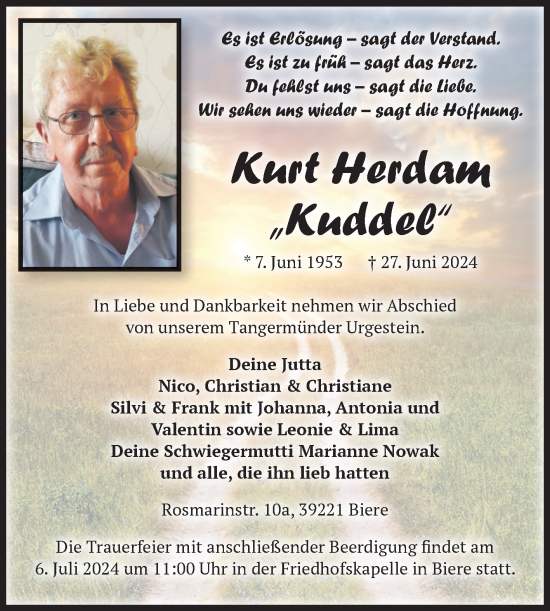 Traueranzeige von Kurt Herdam von Volksstimme Altmark Ost