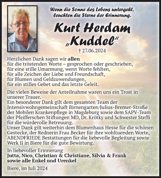 Traueranzeige von Kurt Herdam von Volksstimme Altmark Ost