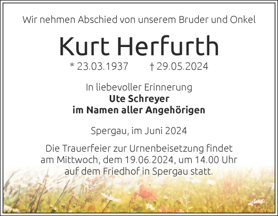 Traueranzeige von Kurt Herfurth von Trauerkombi Merseburg