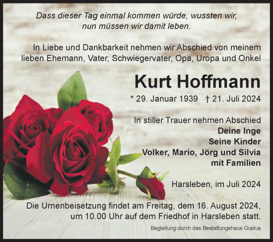 Traueranzeige von Kurt Hoffmann von Volksstimme Halberstadt