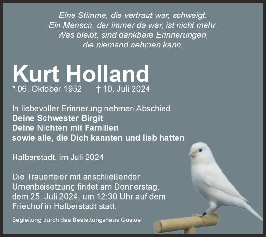 Traueranzeige von Kurt Holland von Volksstimme Halberstadt