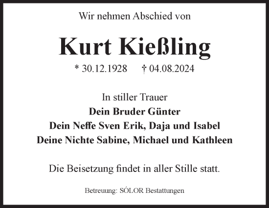 Traueranzeige von Kurt Kießling von Volksstimme Magdeburg
