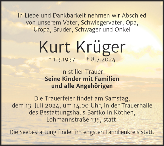 Traueranzeige von Kurt Krüger von Trauerkombi Köthen
