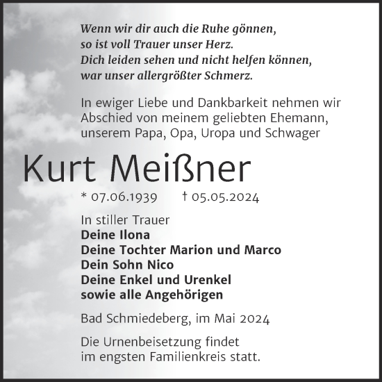 Traueranzeige von Kurt Meißner von Trauerkombi Wittenberg