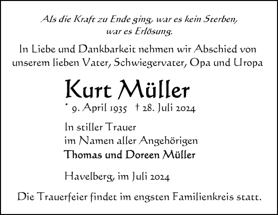 Traueranzeige von Kurt Müller von Volksstimme Altmark Ost