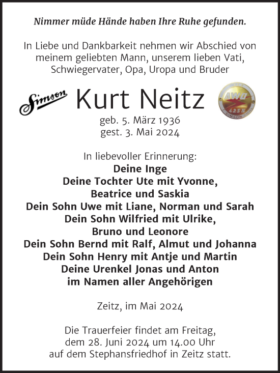 Traueranzeige von Kurt Neitz von Trauerkombi Zeitz