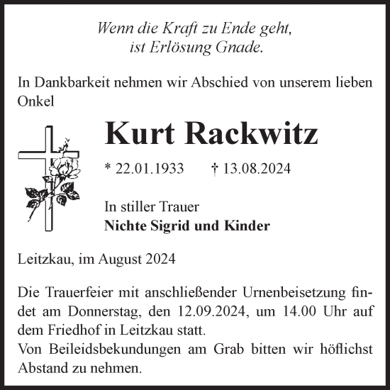 Traueranzeige von Kurt Rackwitz von Volksstimme Zerbst