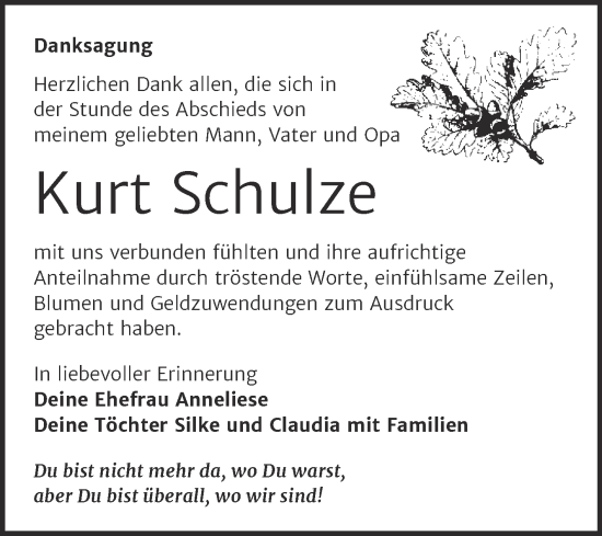 Traueranzeige von Kurt Schulze von Trauerkombi Dessau
