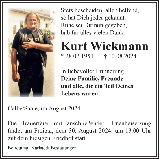 Traueranzeige von Kurt Wickmann von Volksstimme Schönebeck