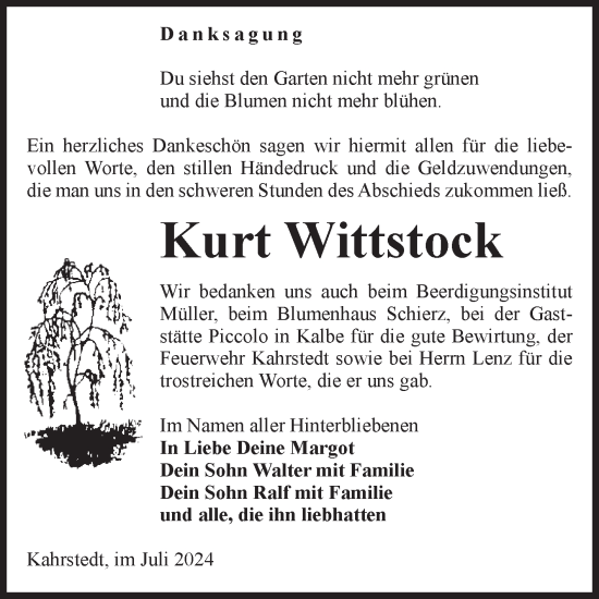 Traueranzeige von Kurt Wittstock von Volksstimme Altmark West