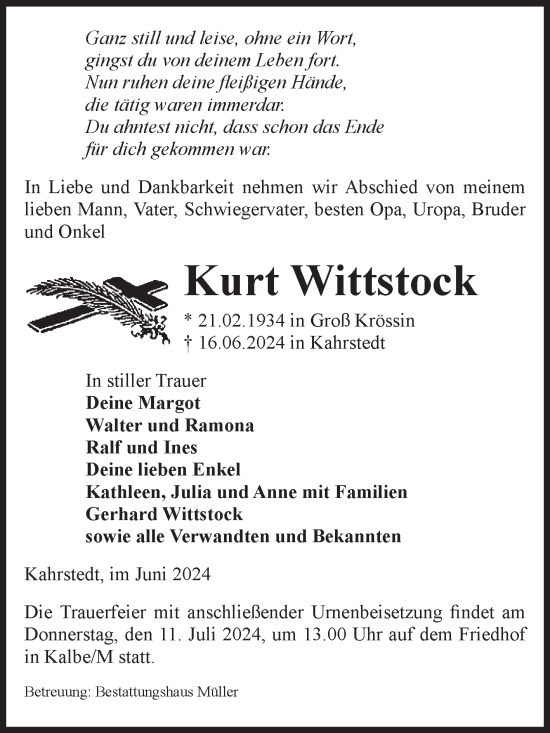 Traueranzeige von Kurt Wittstock von Volksstimme Altmark West