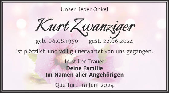 Traueranzeige von Kurt Zwanziger von Trauerkombi Merseburg