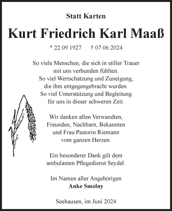 Traueranzeige von Kurt Friedrich Karl Maaß von Volksstimme Altmark Ost