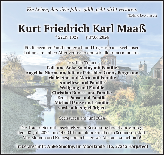 Traueranzeige von Kurt Friedrich Karl Maaß von Volksstimme Altmark Ost