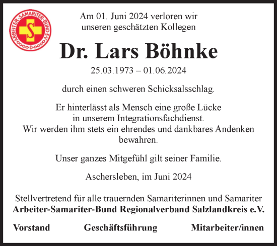 Traueranzeige von Lars Böhnke von Super Sonntag Aschersleben