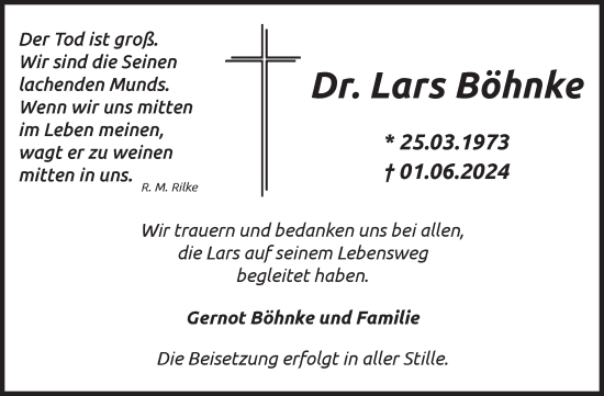 Traueranzeige von Lars Böhnke von Volksstimme Staßfurt