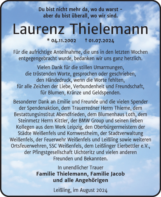 Traueranzeige von Laurenz Thielemann von Super Sonntag Naumburg/Nebra