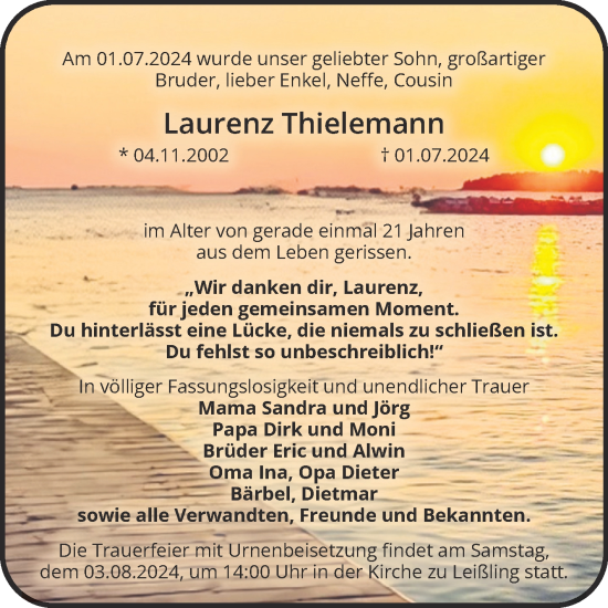 Traueranzeige von Laurenz Thielemann von Super Sonntag Naumburg/Nebra
