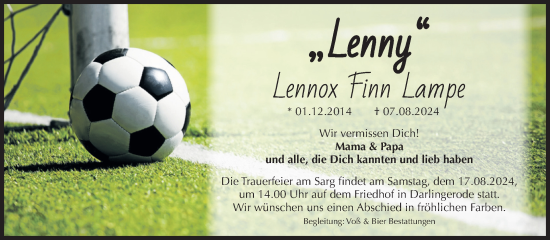 Traueranzeige von Lennox Finn Lampe von Volksstimme Wernigerode