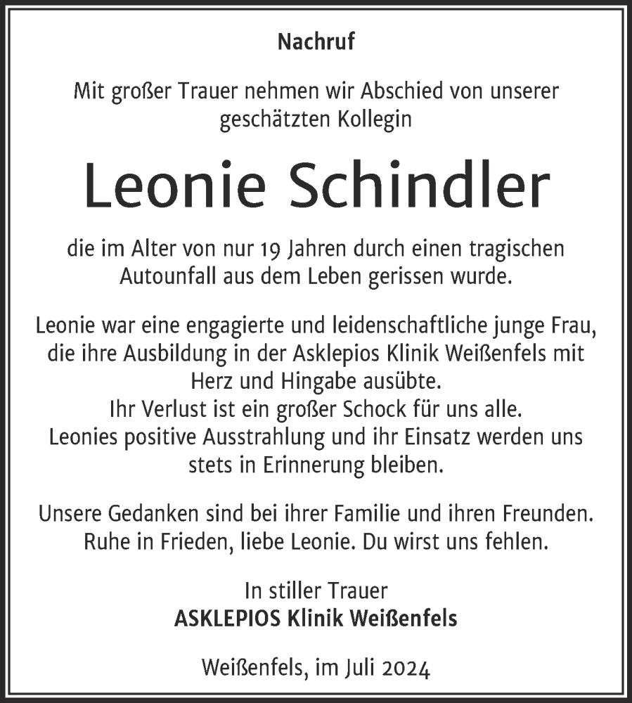  Traueranzeige für Leonie Schindler vom 27.07.2024 aus Super Sonntag Weißenfels