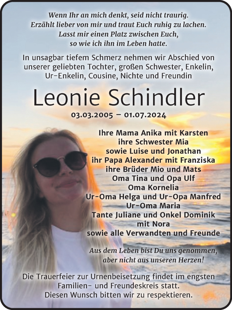  Traueranzeige für Leonie Schindler vom 13.07.2024 aus Naumburger Tageblatt