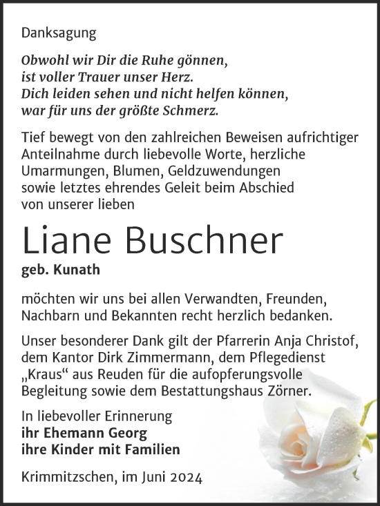 Traueranzeige von Liane Buschner von Trauerkombi Zeitz