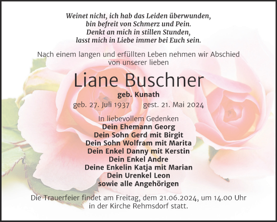 Traueranzeige von Liane Buschner von Trauerkombi Zeitz