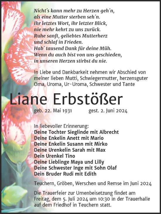 Traueranzeige von Liane Erbstößer von Trauerkombi Weißenfels