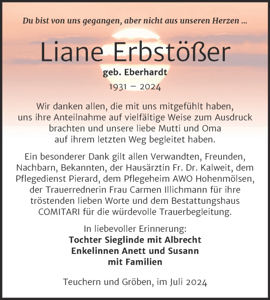 Traueranzeige von Liane Erbstößer von Trauerkombi Weißenfels