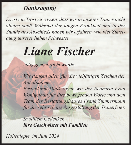 Traueranzeige von Liane Fischer von Volksstimme Zerbst