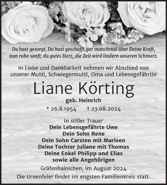 Traueranzeige von Liane Körting von Trauerkombi Wittenberg
