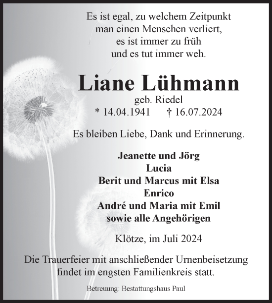 Traueranzeige von Liane Lühmann von Volksstimme Altmark West
