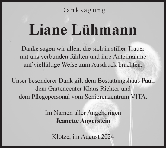 Traueranzeige von Liane Lühmann von Volksstimme Altmark West