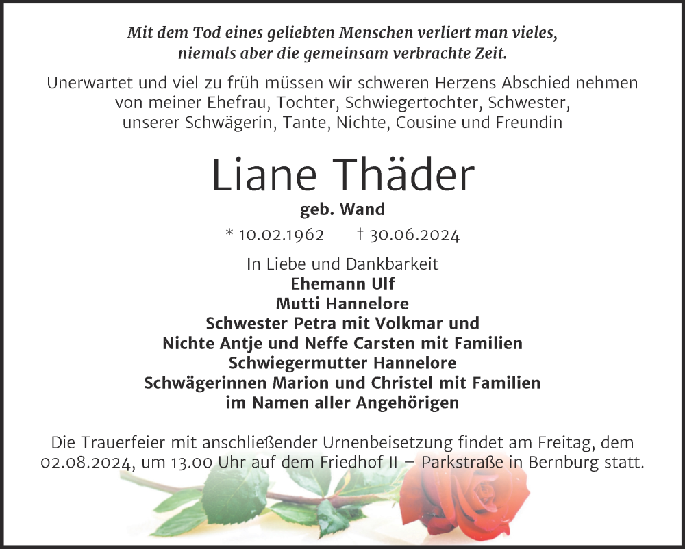 Traueranzeige für Liane Thäder vom 20.07.2024 aus Trauerkombi Bernburg