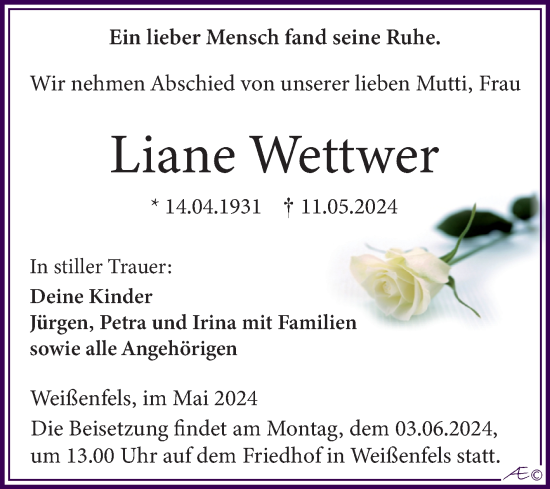 Traueranzeige von Liane Wettwer von Trauerkombi Weißenfels