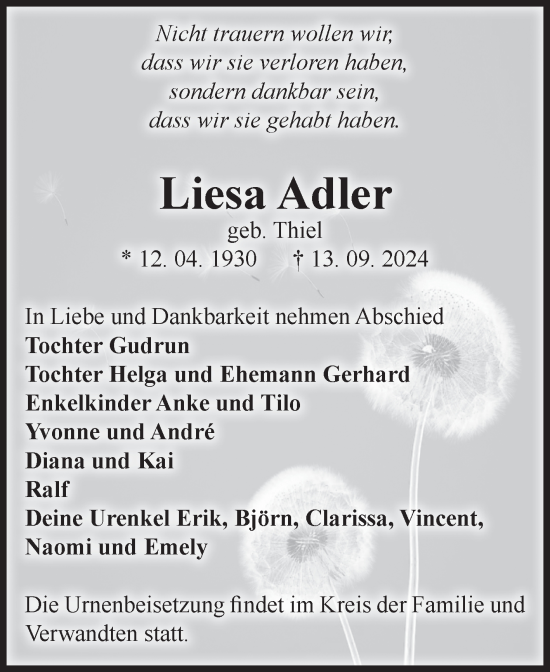Traueranzeige von Liesa Adler von Volksstimme Zerbst