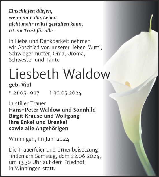 Traueranzeige von Liesbeth Waldow von Trauerkombi Aschersleben