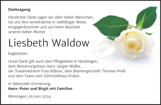Traueranzeige von Liesbeth Waldow von Trauerkombi Aschersleben