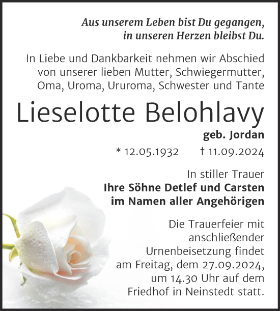 Traueranzeige von Lieselotte Belohlavy von Trauerkombi Quedlinburg