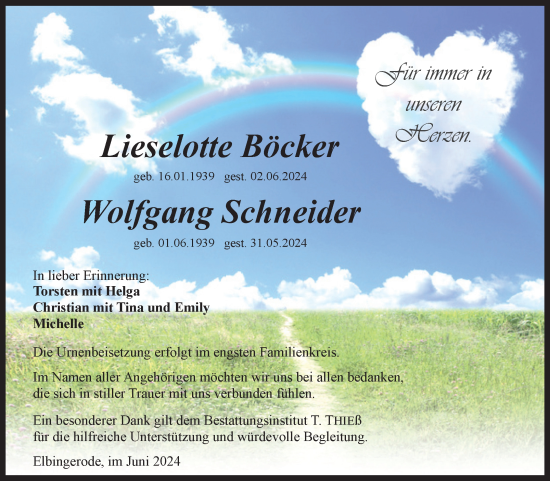 Traueranzeige von Lieselotte Böcker von Volksstimme Wernigerode