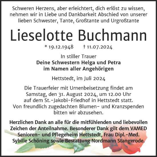 Traueranzeige von Lieselotte Buchmann von Trauerkombi Mansfelder Land