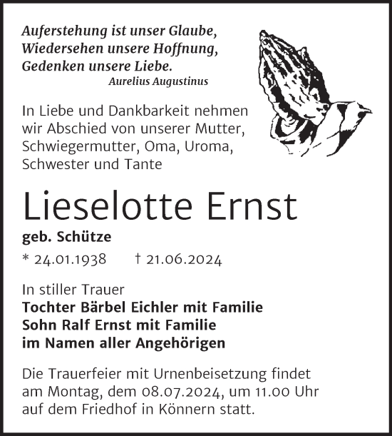 Traueranzeige von Lieselotte Ernst von Trauerkombi Bernburg