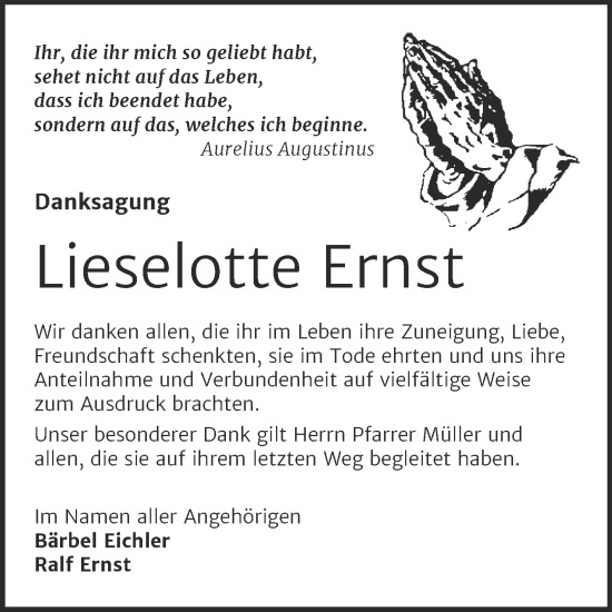 Traueranzeige von Lieselotte Ernst von Trauerkombi Bernburg