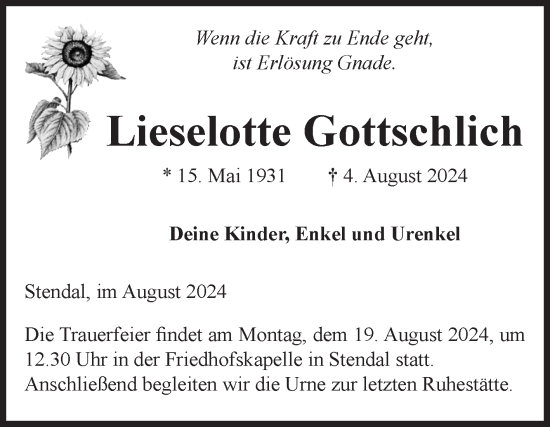 Traueranzeige von Lieselotte Gottschlich von Volksstimme Altmark Ost